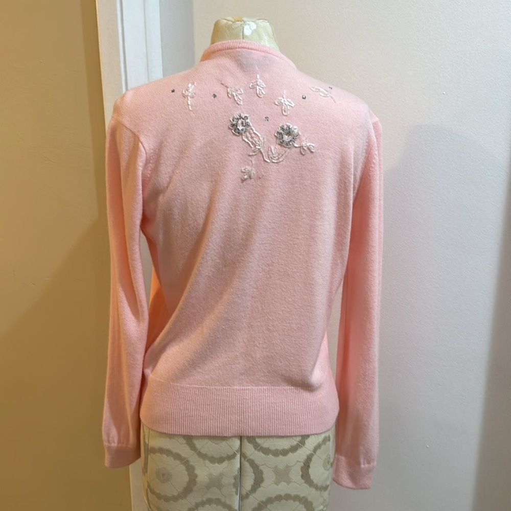Jane Irwill Vintage Floral Pink Beaded Swarovski Faux Pearl Button Soft Cardigan - Picture 3 of 17